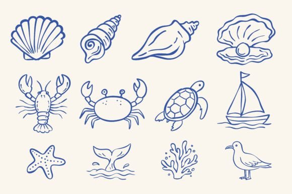 Hand Drawn Sea Life Doodle Set Design
