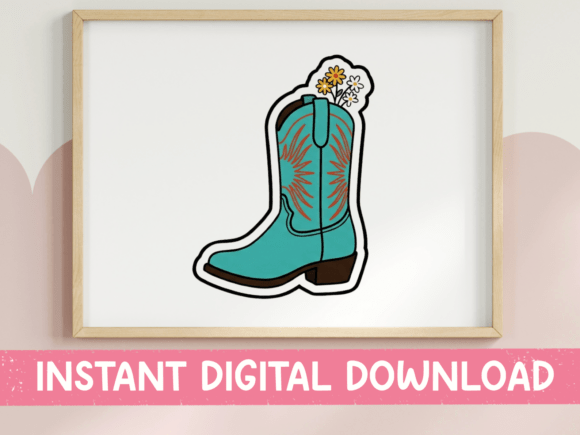 Teal Cowboy Boot with Wildflowers Design Graphics