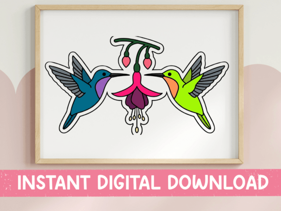 Two Hummingbirds and Fuchsia Flower Graphics for T-Shirt Designs